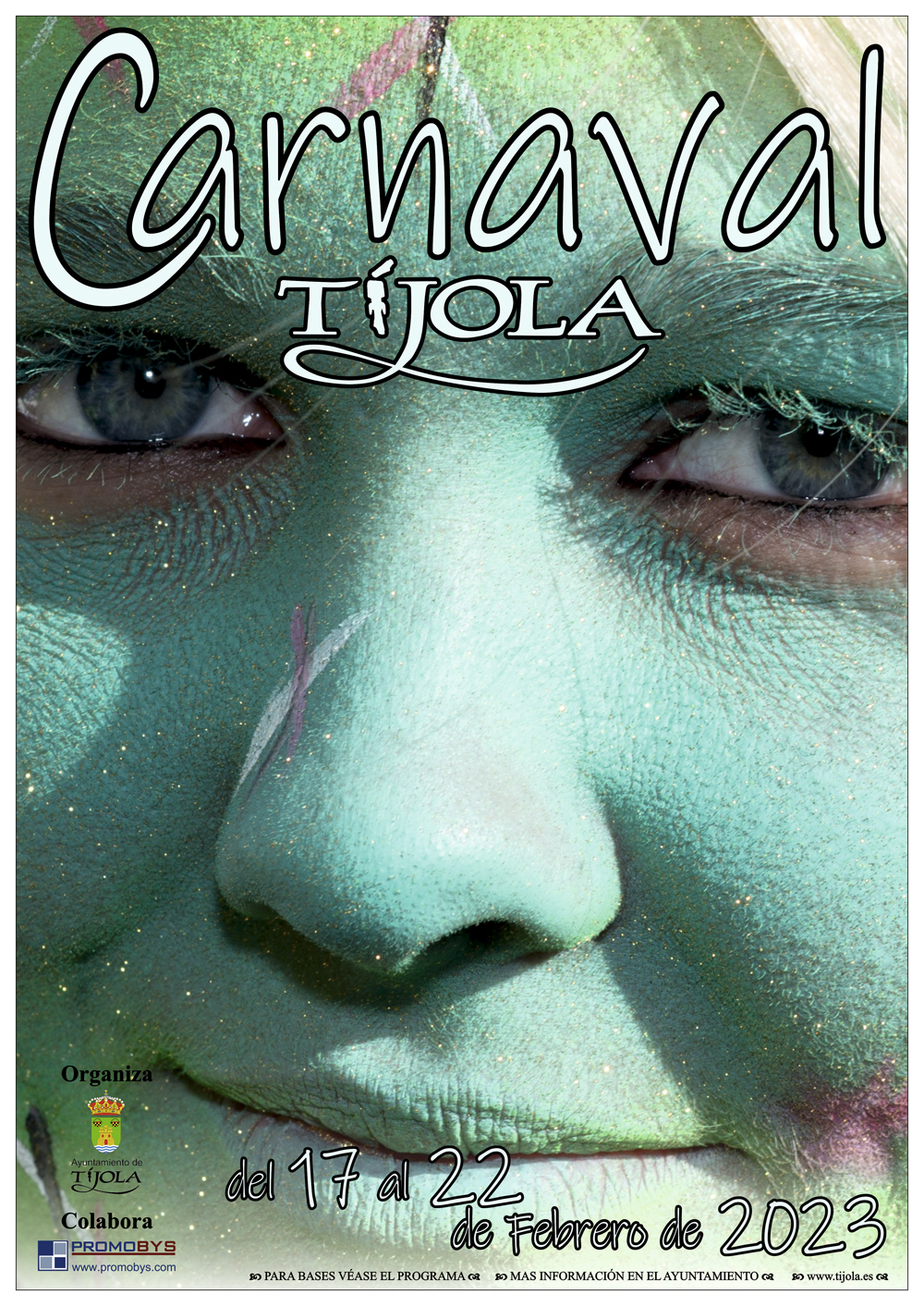 Imagen del Cartel anunciador del Carnaval 2023. Imagen de una mujer rubia maquillada de color verde, primer plano de solo ojos, nariz y boca.
