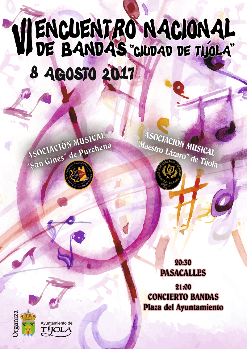 Imagen del Cartel del VI Encuentro Nacional de Bandas "Ciudad de Tíjola". Al fondo pintura con símbolos musicales y logotipos de las bandas.