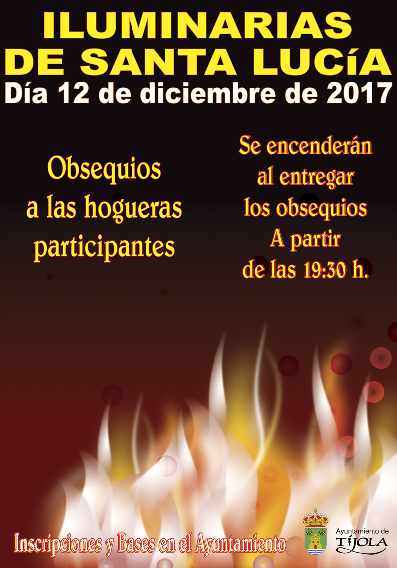 Imagen del Cartel de las iluminarias de Santa Lucía 2017. Hoguera de fondo.