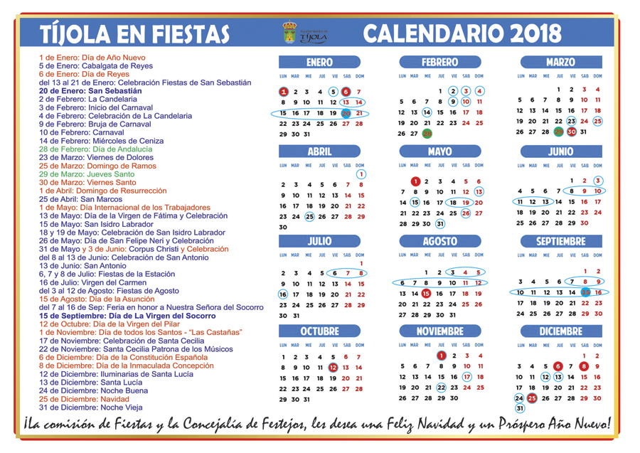 Postal de Navidad 2017. Parte Trasera. Calendario 2018 de Fiestas.