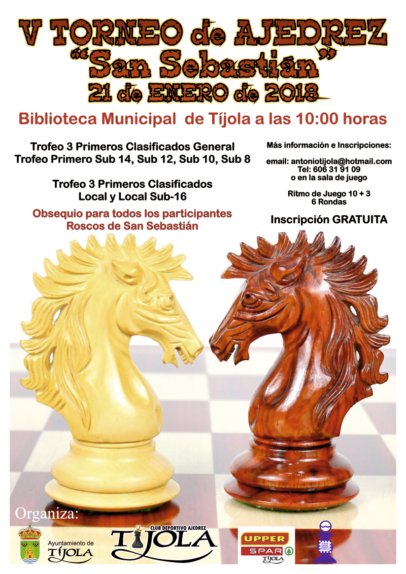 Cartel del V Torneo de Ajedrez San Sebastián. Imagen de dos caballos enfrentados.