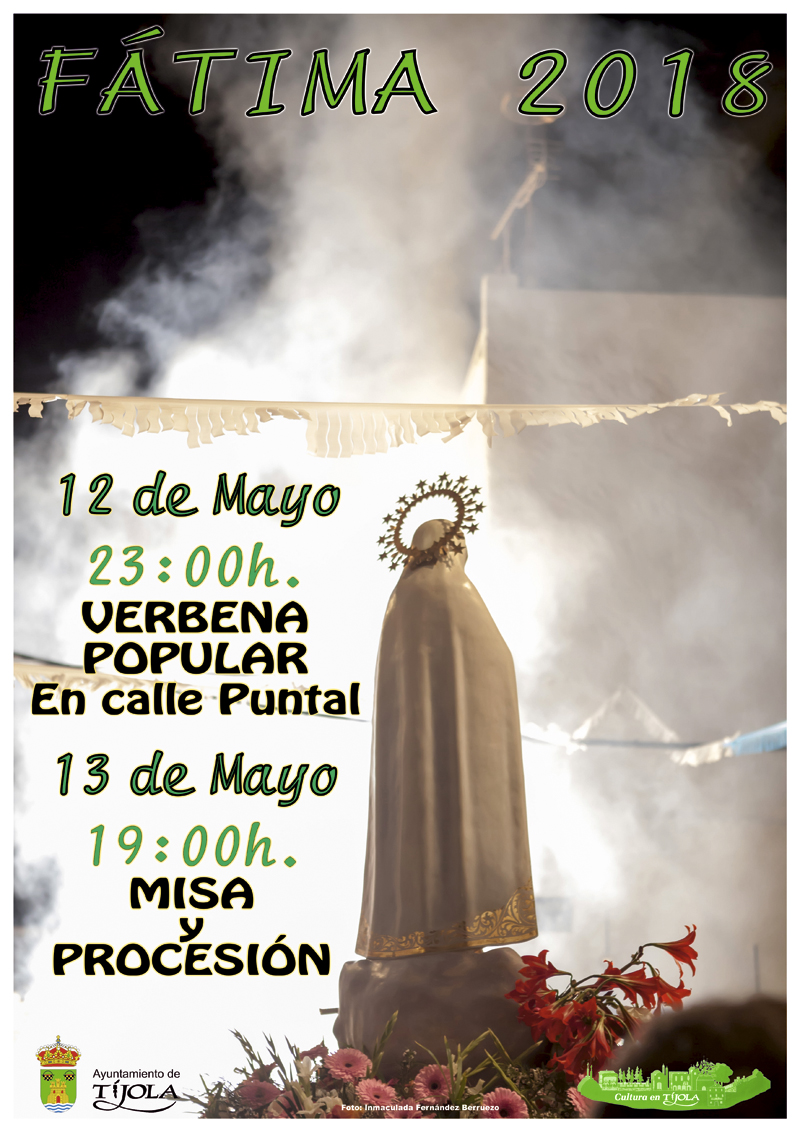 Imagen del Cartel de la Celebración de la Virgen de Fátima 2018. Imagen de la Virgen de Fátima de espaldas.
