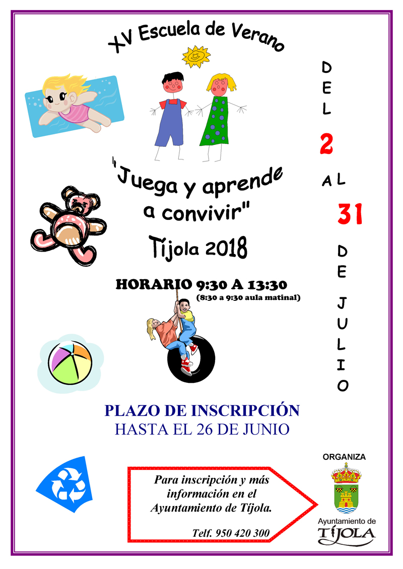 Imagen del Cartel de la Escuela de Verano 2018. Imágenes de dibujos infantiles de fondo.