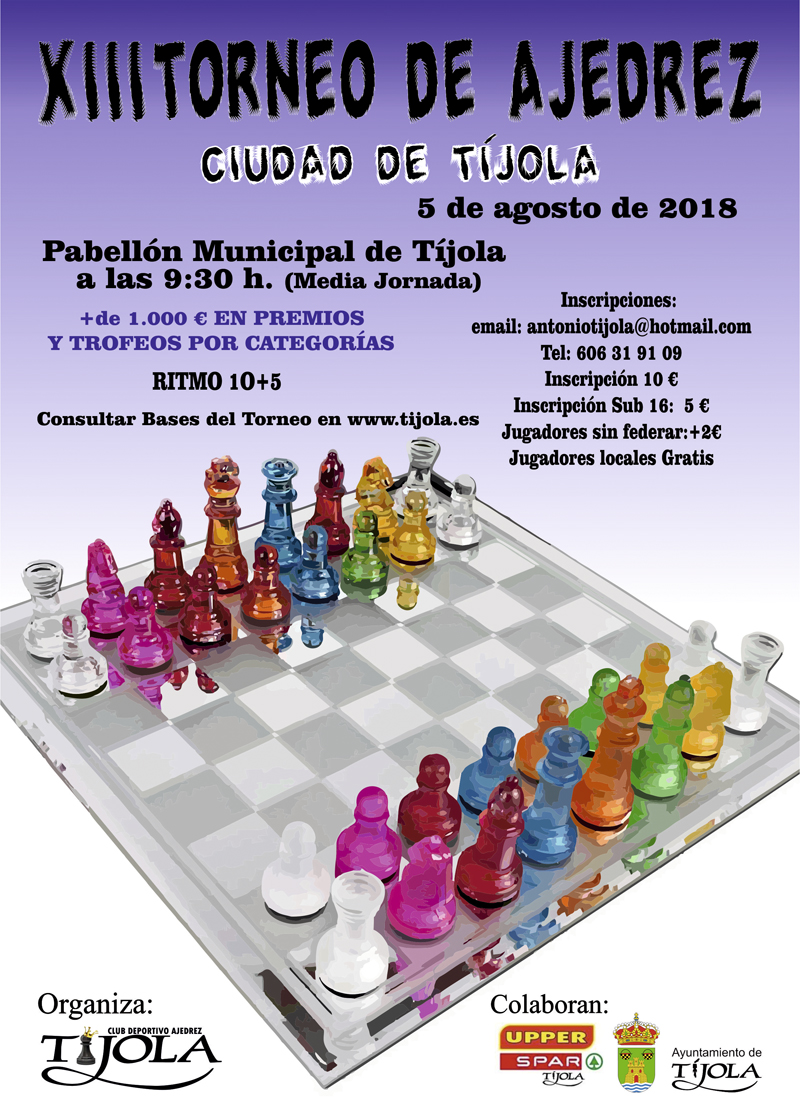 Cartel del XIII Torneo de Ajedrez Ciudad de Tíjola. Imagen al fondo de Tablero con fichas de colores.