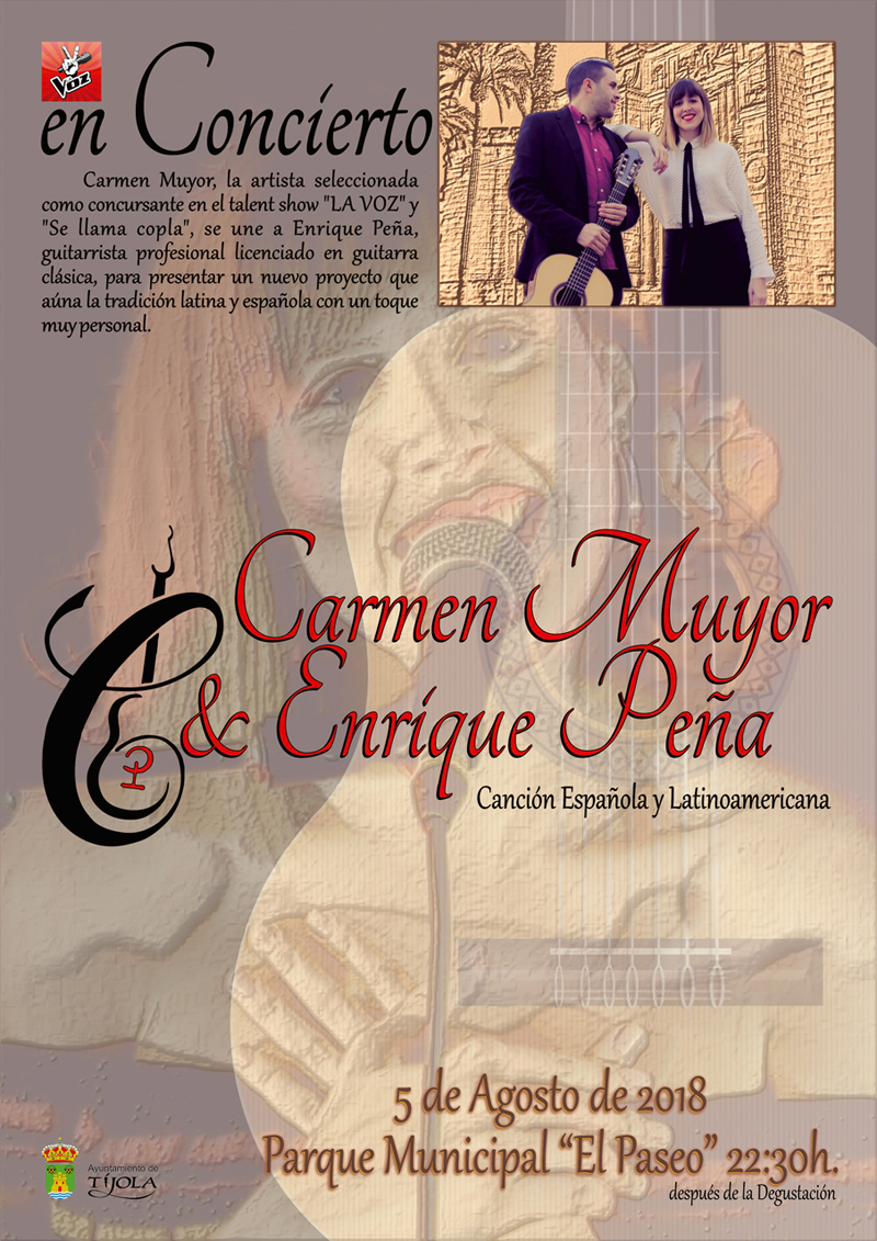 Imagen del Cartel de las Actividades Complementarias. Concierto de Carmen Muyor y Enrique Peña. Imagen de ellos al fondo.
