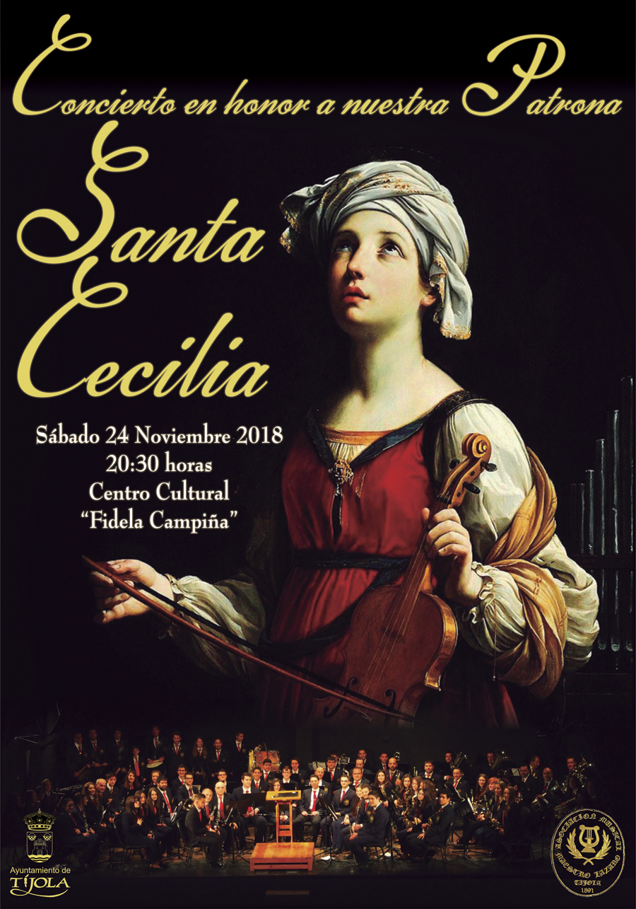Imagen del Cartel del Concierto en honor a Santa Cecilia 2018. Con imagen de Santa Cecilia al fondo.