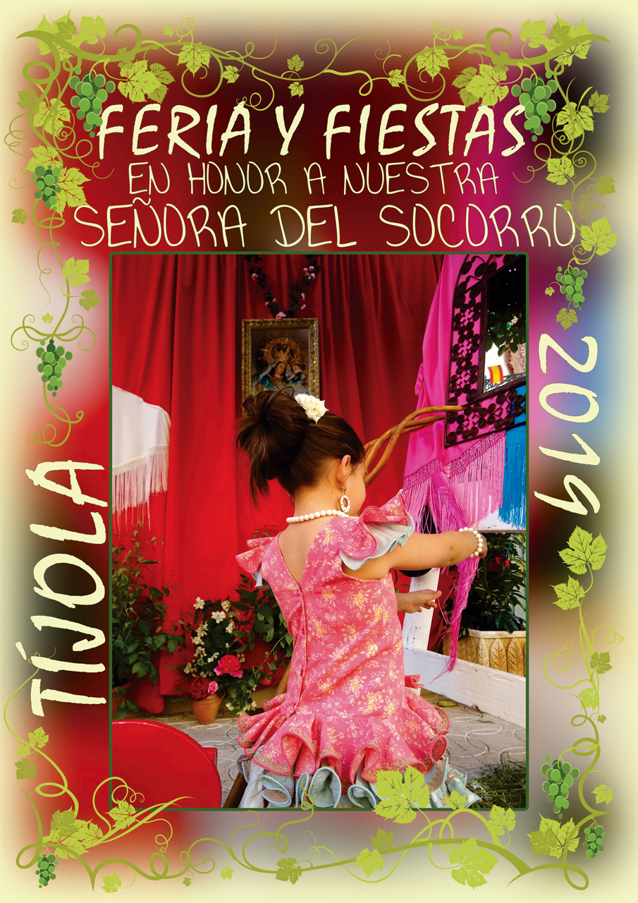 Imagen de la Portada del Programa de Fiestas de Verano de Tíjola 2019. Imagen con escena de las Fiestas de la Virgen de Fátima con cuadro de la Virgen del Socorro al fondo.