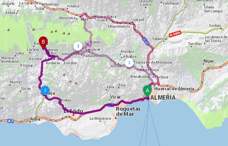 Mapa Almería a Paterna del Río por El Ejido, Dalias, Berja