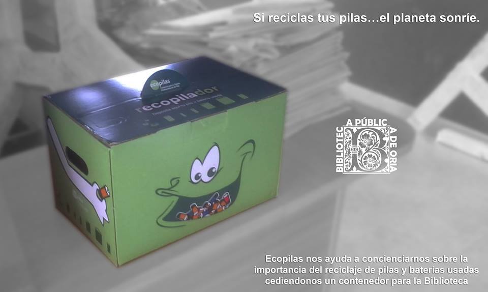 
Nuevo contenedor para pilas y baterias usadas en Oria en la Biblioteca Publica.